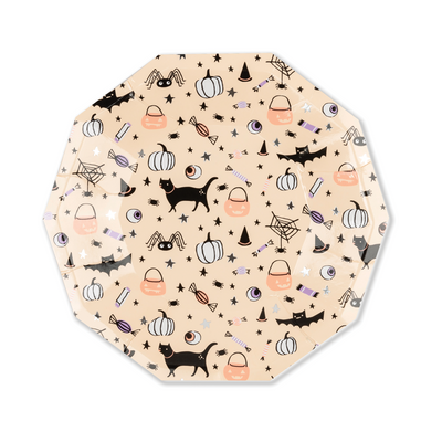 Hocus Pocus paper plate with spooky cute Halloween themed graphics of black cats, jack-o-lanterns, bats, and so much more!