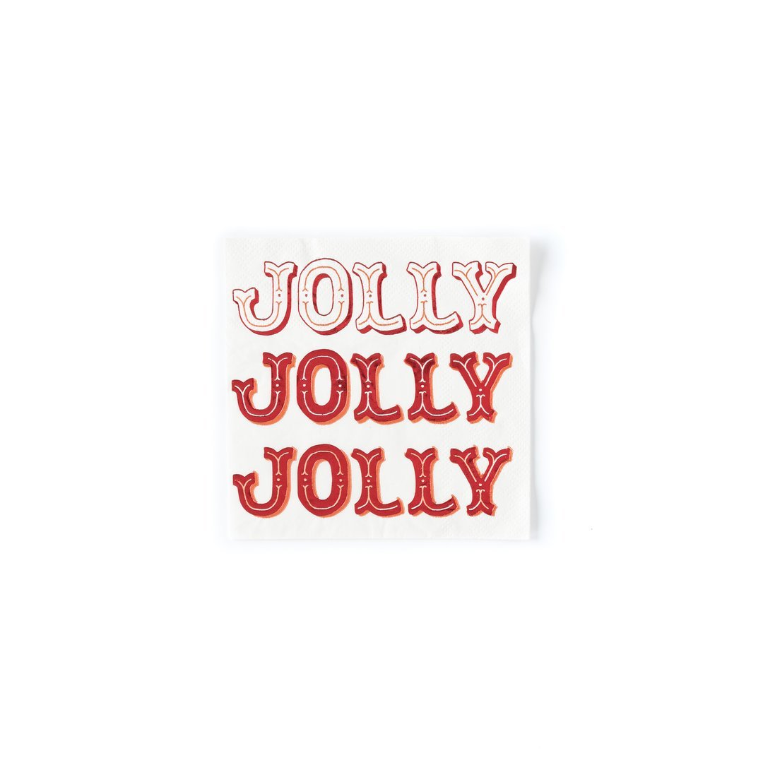 A white holiday napkin with the word 'Jolly' imprinted in beautiful red foil 3 times