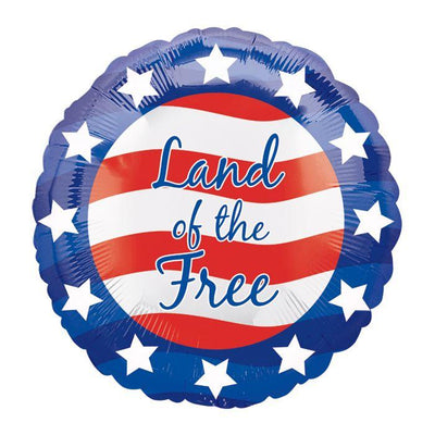 A patriotic circular Mylar balloon with patriotic colors of red white and blue featuring red and white stripes and stars surrounding the perimeter and the words 'land of the free'