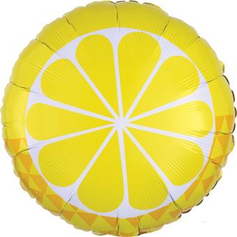 A circular Mylar balloon that looks like a lemon half