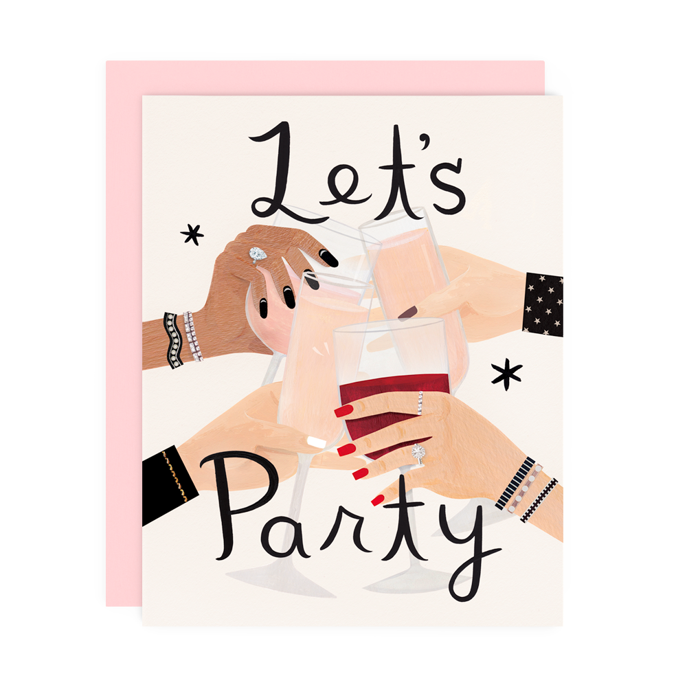 A greeting card featuring an image of 4 drink glasses being cheersed in a celebratory fashion with the words 'lets party'