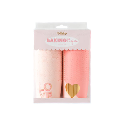 Pink Baking cups in Valentine's day theme featuring the word love and gold foil hearts