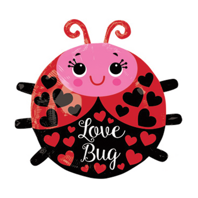 A Mylar balloon shaped like a ladybug colored red, black and pink with hearts all over. 