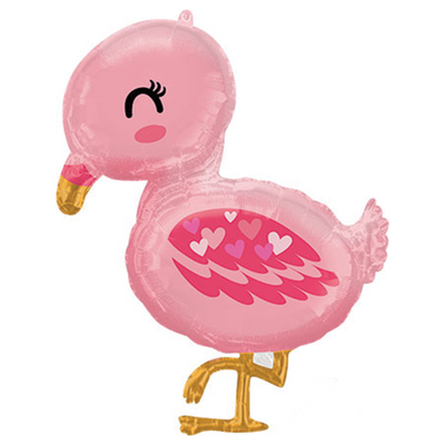 Pink baby flamingo premium mylar celebration balloon with pink hearts on the wing lifting one leg and a little winking eye in a cute little pose. So cute!