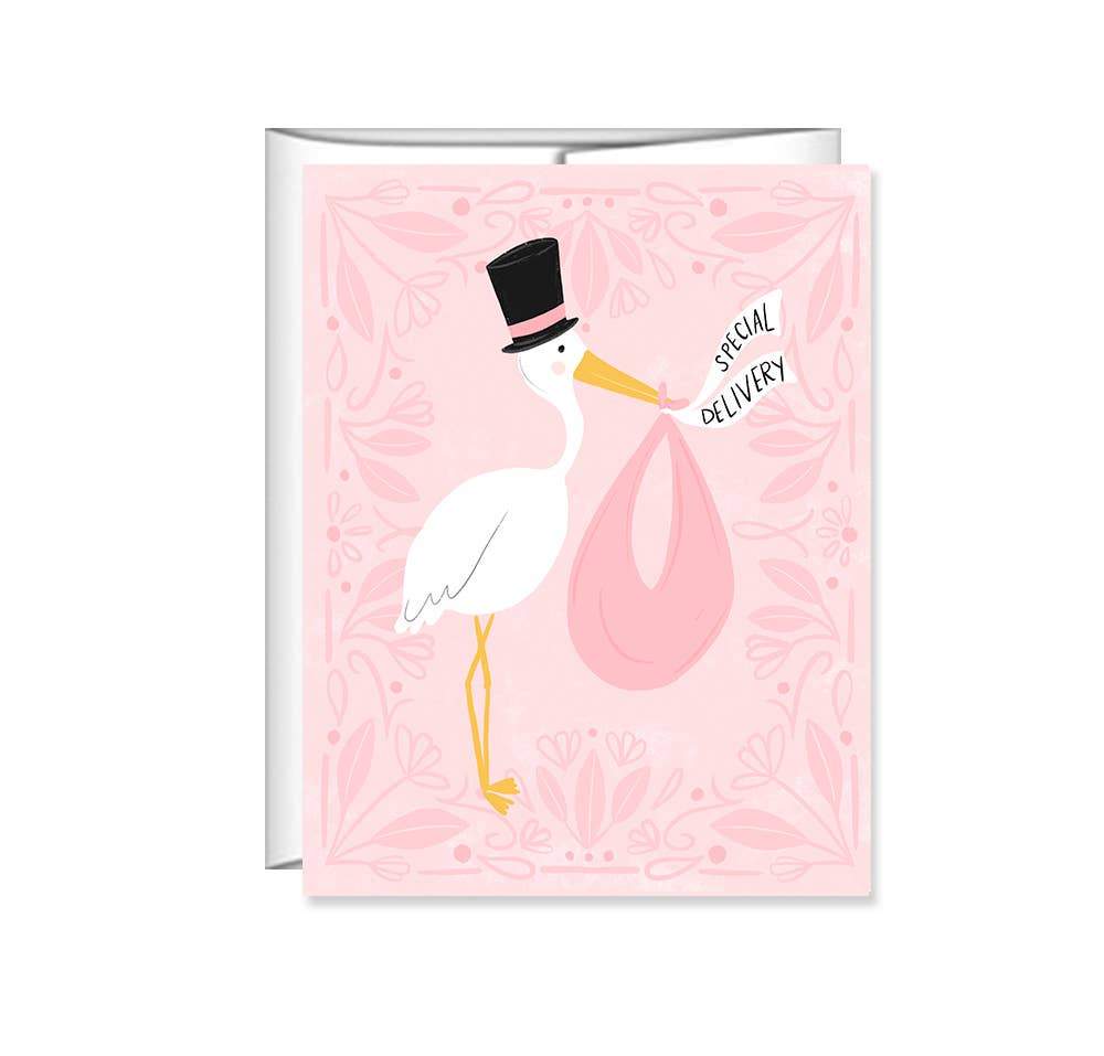 A pink baby shower greeting card with floral designs and an image of a stork carrying a 'special delivery'
