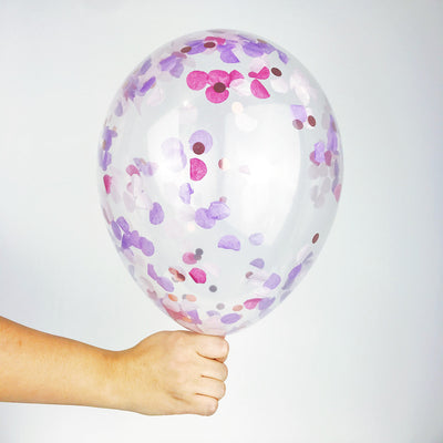Confetti Balloon Purple Fairy - a clear balloon made of high quality biodegradable latex filled with purple fairy confetti in varying shades of purple and red