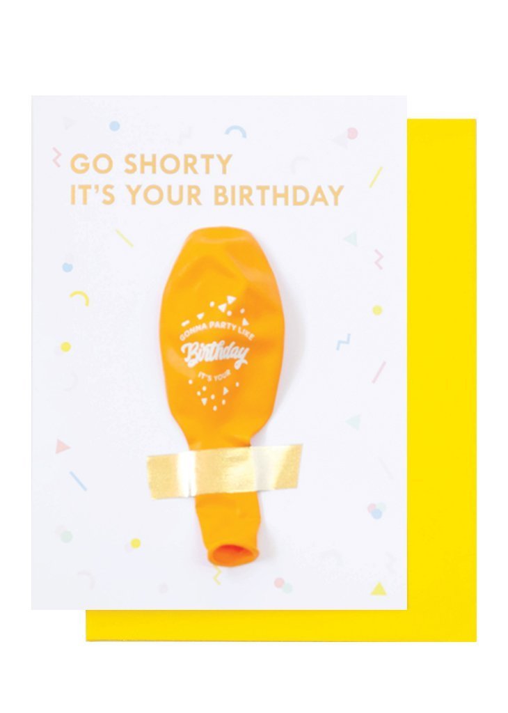 Signature Birthday Balloon Card printed on white card stock and coupled with a yellow envelope