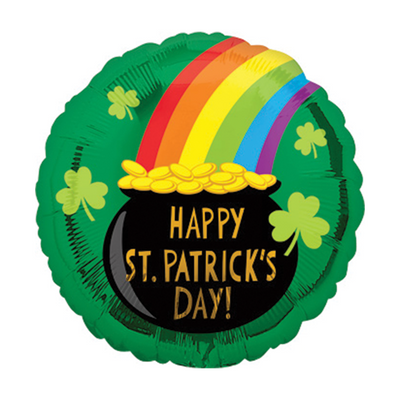 A circular Mylar balloon in green with an image of a pot of gold at the end of a rainbow and some clovers sprinkled about. The black pot of gold has the text 'Happy St. Patrick's Day!' written on it.