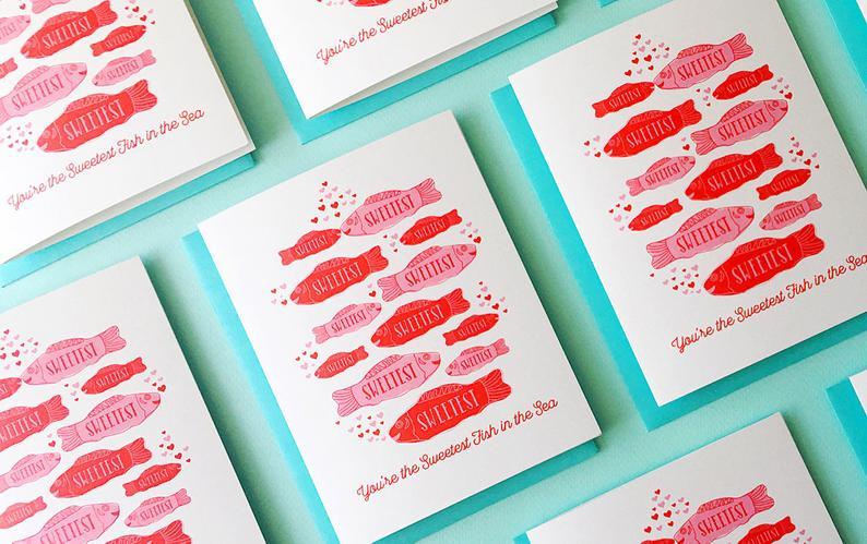 Multiple sweetest fish valentines greeting card with blue envelopes