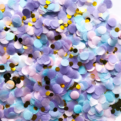 Unicorn Dust Confetti Balloon - circles of blue, pink, purple and gold unicorn dust confetti