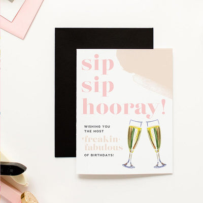 champagne glass sip sip hooray greeting card with black envelope