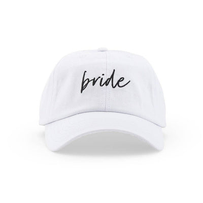 bride hat in white with black lettering