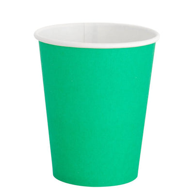 A disposable party cup colored in Kelly Green with a white lip